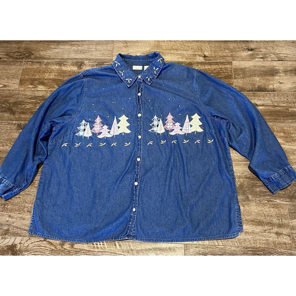 Vintage White Stag Shirt 22W 24W Denim Long Sleeve Christmas Embroidered Holiday
